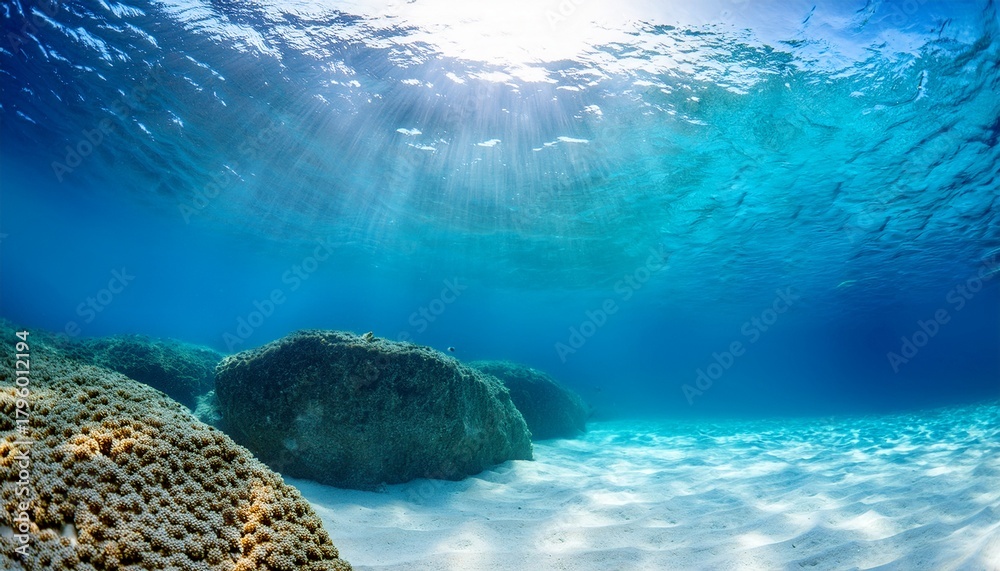 Fototapeta premium Underwater Sun Rays Breaking Through The Surface Of Crystal Clear Turquoise Water Illuminating A White Sandy Seabed Rocks Tropical Ocean Summer Travel Marine Environment Panoramic Background
