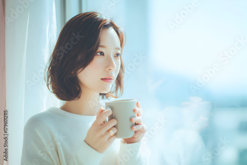 マグカップ 窓辺で温かい飲み物を持つ若い女性のやわらかな光のライフスタイルポートレート リラックスした朝時間のイメージ