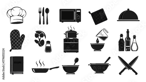 Vector illustration of collection of kitchen icons, including chef hat, oven mitts, stove, and utensils, on a transparent background