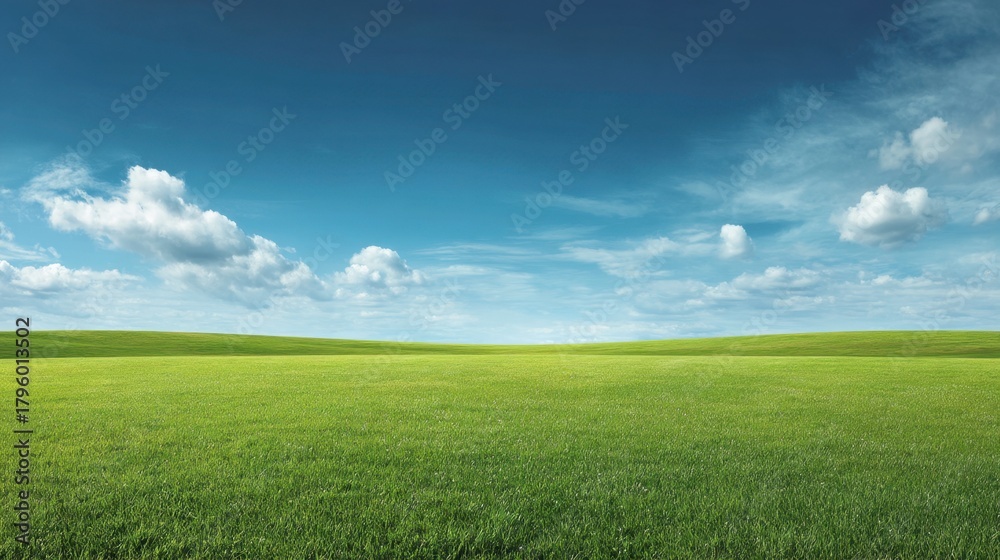 Obraz premium Lush Green Grassland Under Bright Blue Sky with Fluffy White Clouds and Gentle Horizon Line on a Calm Day in Nature