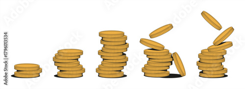 Heap of gold coins with us dollar currency sign vector illustration isolated on white background. Money coin stack pile. Business and finance concept design element. Vector 10 eps.