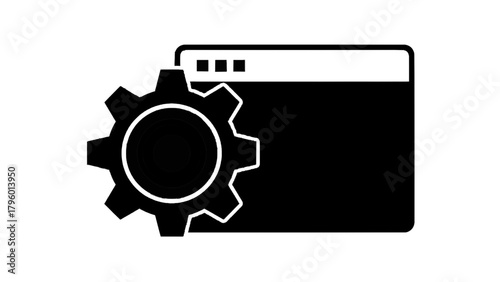 Vector illustration of a black and white icon representing a gear and a browser window on a transparent background