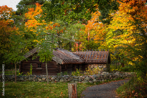 Traditional Swedish buildings in Stockholm’s Skansen museum
