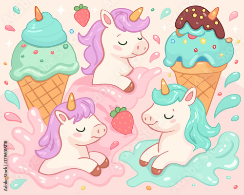 Icecream and unicorns. Soft and glossy milky splashes with colorful icecream and cute unicorns bathing in them. Vector poster. Pastel color palette