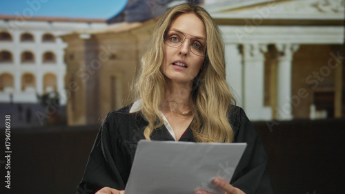 Tableau sur toile Young woman judge with glasses reading paper outdoors in front of courthouse during the day