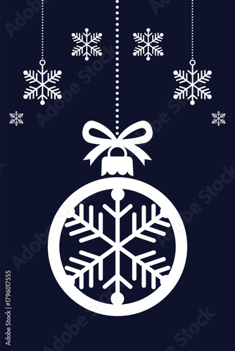 Bold, vertical Christmas illustration featuring a large white hanging ornament with a prominent snowflake design, suspended by a bow on a dark navy blue background. Smaller snowflakes float above.