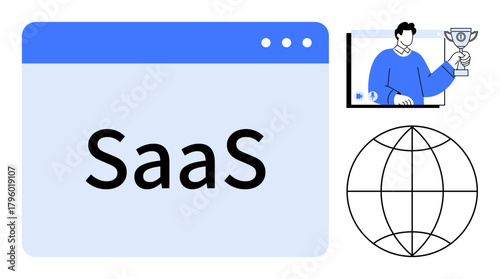 SaaS concept featuring a browser window, virtual presenter holding a trophy, and globe. Ideal for tech innovation, software services, remote work, global reach, productivity, business success