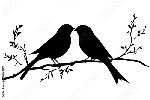 Silhouette Two Birds Branch with Foliage
