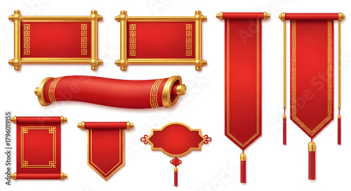 Chinese festive banners and frames collection Red and gold set of vertical banners scrolls and decorative frames perfect for celebration and announcement layouts