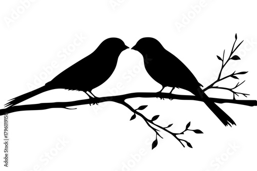 Silhouettes Two Birds Branch with Leaves