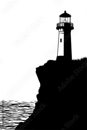 Silhouette Lighthouse Rugged Cliff Over Water