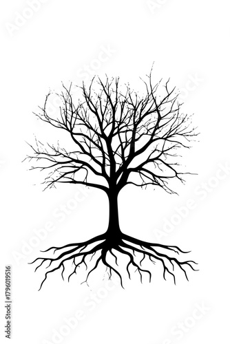 Silhouetted Leafless Tree with Visible Roots Plain Background