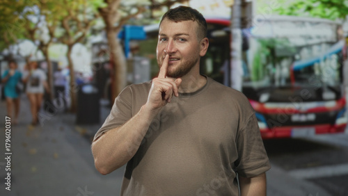 Bild auf Leinwand Man with finger to lips for silence on busy city street by a bus and walking pedestrians, wearing brown t shirt and short beard; quiet secrecy thought