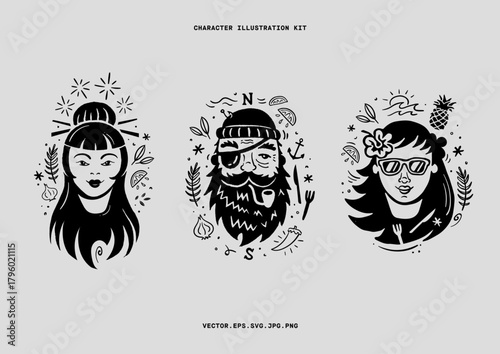 Character illustrations with flavour themed icons around them. Best suited for food related products, brands or as a logo. Black and White
