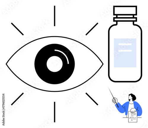 Large outlined eye, a medical bottle, and a person presenting instructions, emphasizing vision care, health education, treatment adherence. Ideal for health, teaching, wellness medication advice