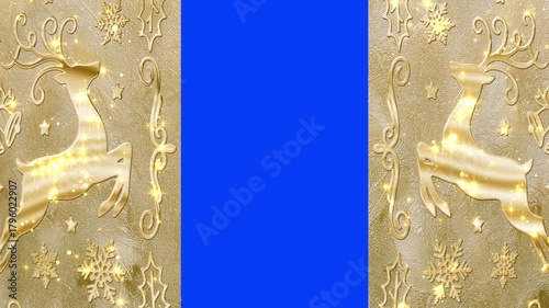 Luxury Golden Christmas gates transition with reindeer, bells, leaves, gifts, and snowflakes. Perfect for elegant winter holiday intros or presentations.