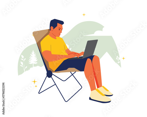 Work From Anywhere Man Freelancer Working Remotely in Nature Vector