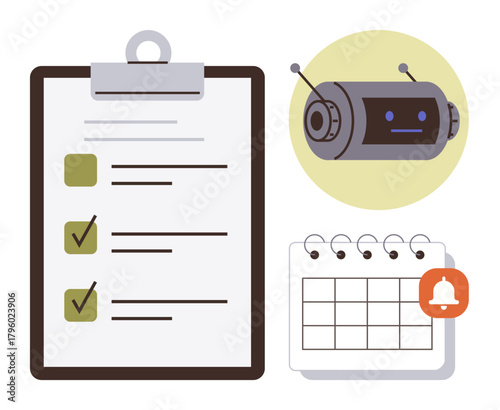 Task checklist with checkmarks, robot assistant, and calendar with notification. Ideal for productivity, automation, organization, task management, reminders efficiency and planning. Simple flat