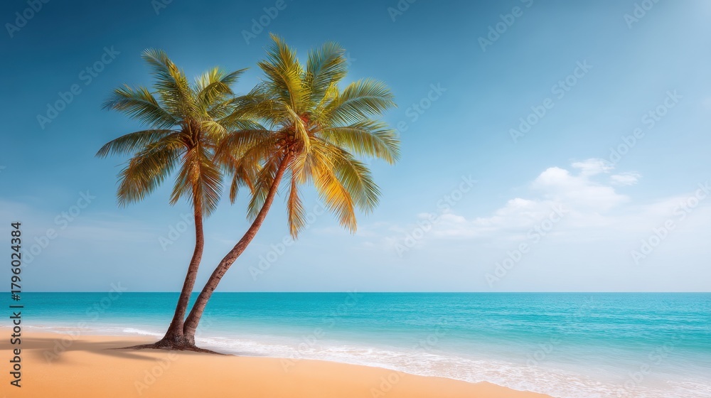 Fototapeta premium Serene Tropical Beach Scene with Lush Palm Trees and Calm Turquoise Waters Under a Bright Blue Sky with Soft White Clouds