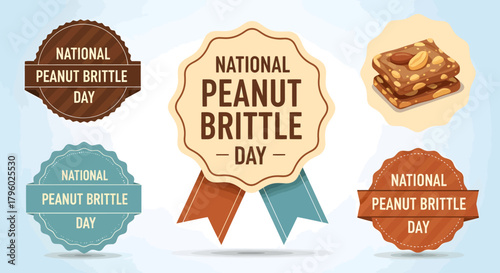 Collection of vintage-style badges and an illustration celebrating National Peanut Brittle Day, featuring various designs and a delicious brittle snack.