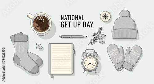 A flat lay illustration showing cozy morning essentials like coffee, socks, a notebook, alarm clock, hat, and mittens for National Get Up Day.