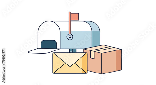 A light blue mailbox with its flag up, an envelope, and a cardboard box, representing mail delivery services.