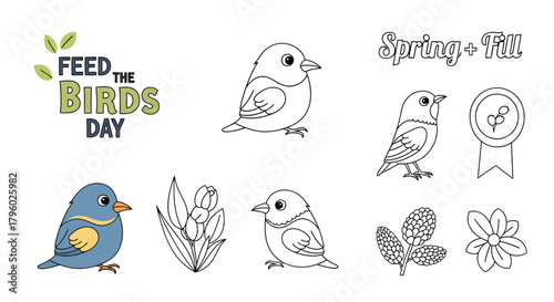 A charming collection of bird illustrations, spring elements, and text for 'Feed the Birds Day' celebration.