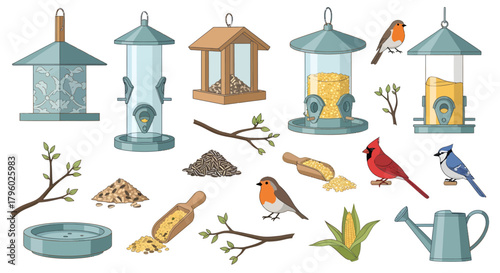 A collection of various bird feeders, different types of seeds, common garden birds, and bird care accessories.