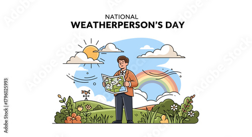 A weatherperson stands outdoors holding a weather map, surrounded by sun, clouds, wind, rain, and a rainbow, celebrating National Weatherperson's Day.