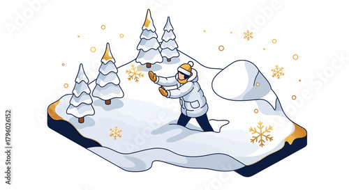 A person in warm winter clothes standing in a snowy landscape with pine trees and falling snowflakes.