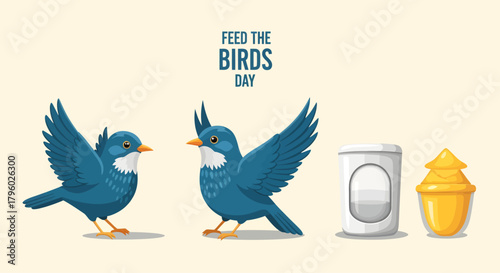Illustration of two blue birds with bird feeders for 'Feed the Birds Day' celebration.