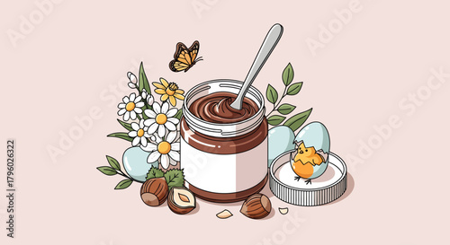 A delightful illustration of a chocolate hazelnut spread jar surrounded by spring elements like flowers, hazelnuts, Easter eggs, a chick, and a butterfly.