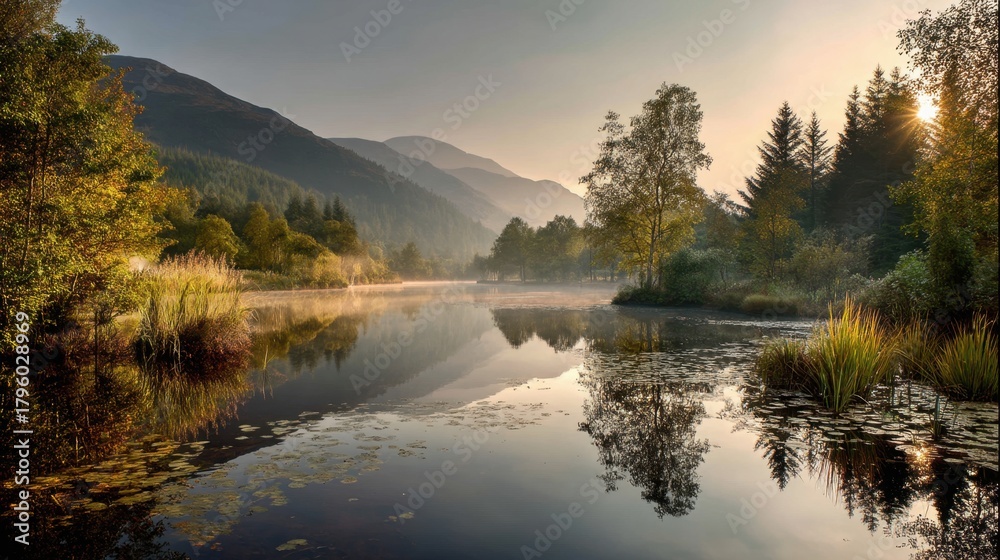 Fototapeta premium Serene Morning Reflection in Nature with Calm Water and Scenic Mountains Under Soft Sunrise Light