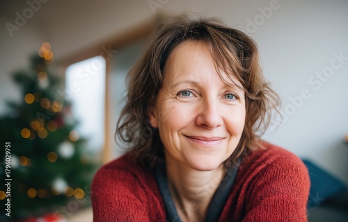 Cheerful woman in red sweater relaxing at home beside a Christmas tree with blurred background for copy space