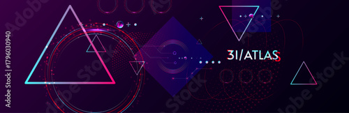 Dark retro futuristic 3I ATLAS cyberpunk elements abstraction background cosmos synthwave vaporwave retrowave glitch circle with blue and pink glows