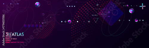 Dark retro futuristic 3I ATLAS cyberpunk elements abstraction background cosmos synthwave vaporwave retrowave glitch circle with blue and pink glows