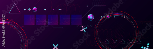 Dark retro futuristic 3I ATLAS cyberpunk elements abstraction background cosmos synthwave vaporwave retrowave glitch circle with blue and pink glows