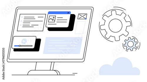 Desktop screen showing interactive apps, task settings, and email notifications with gears symbolizing automation. Ideal for technology, workflow, communication, cloud computing, software management