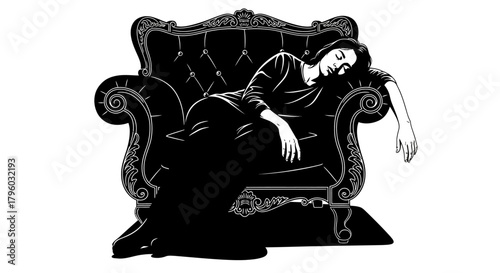 Graphic Silhouette of a Woman Sleeping on a Tufted Victorian Armchair