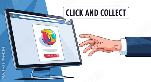 Illustrated hand reaching for monitor displaying 'Click and Collect' e-commerce