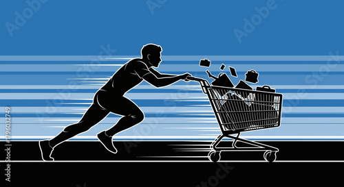 Dynamic silhouette: man pushes fast shopping cart goods spilling blue.