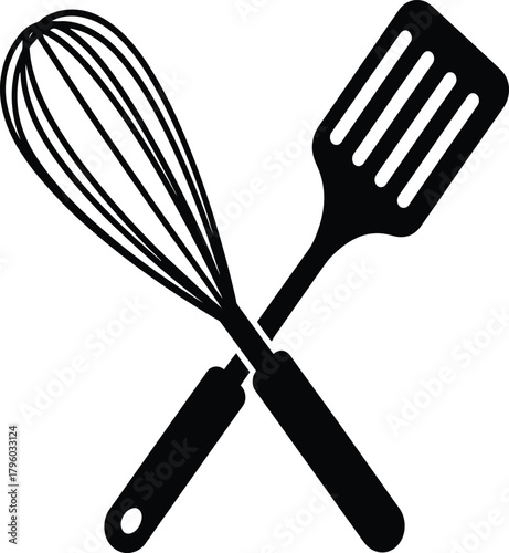 Crossed whisk and spatula on a white background cooking baking