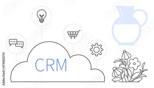 CRM cloud surrounded by chat bubble, light bulb, shopping cart, gear, pitcher, and flowers. Ideal for communication, e-commerce, innovation workflow CRM solutions digital tools simple flat