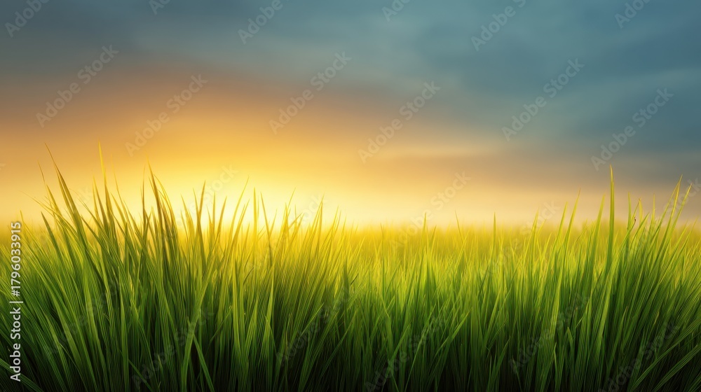 Fototapeta premium Lush Green Grass Under a Dramatic Sky with Soft Clouds, Capturing the Tranquil Beauty of Nature at Sunrise