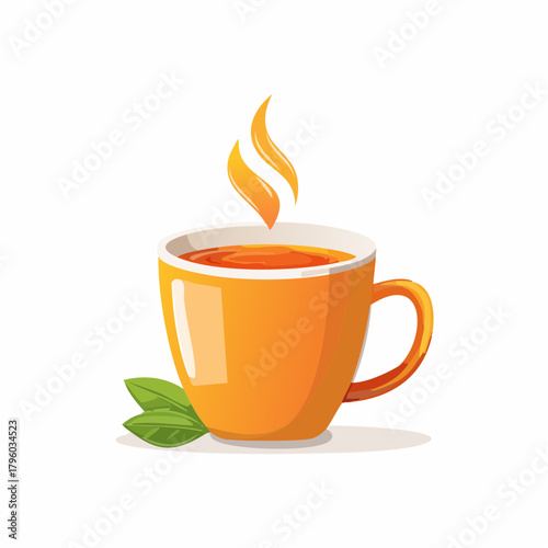 Warm, steamy orange mug of tea with fresh green leaves, perfect for a cozy moment