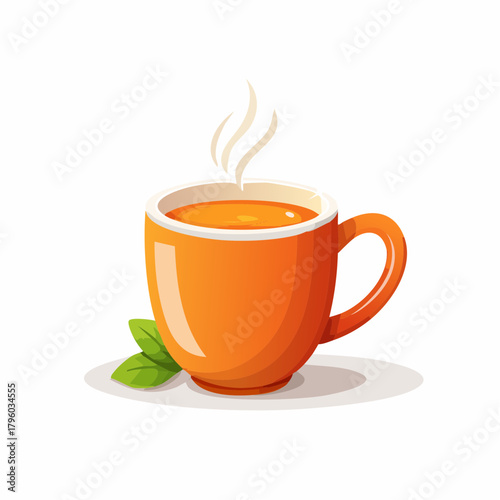 An inviting vector illustration of a hot cup of tea in a vibrant orange mug, with steam rising and fresh mint leaves on the side