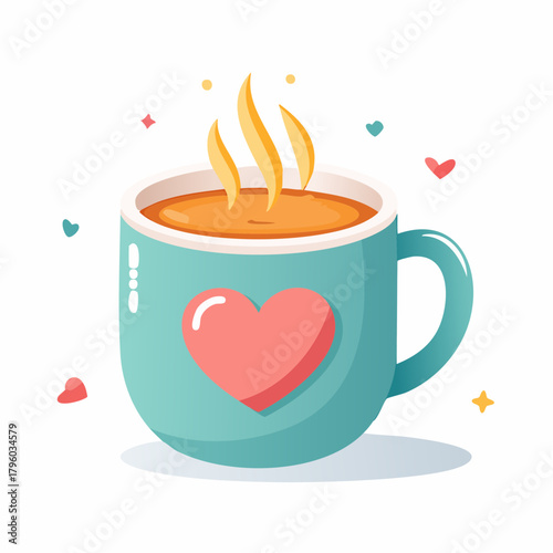 Cute turquoise coffee cup with a large pink heart design, steaming with a warm, comforting beverage. A vector illustration representing love and coziness