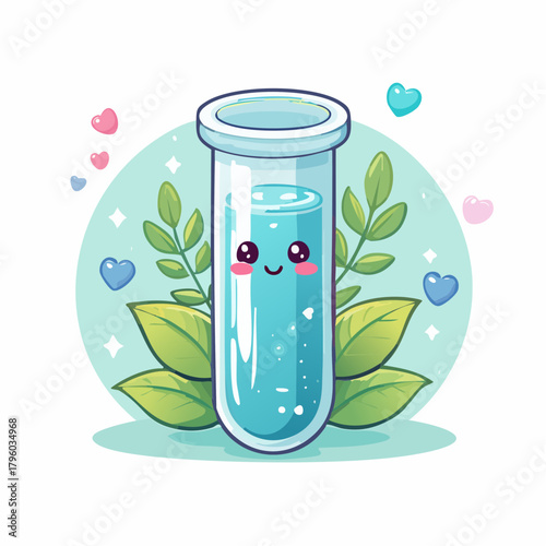 Sweet cartoon test tube illustration with a cheerful face, blue liquid, fresh leaves, and hearts, representing friendly science, natural wellness, and delightful health concepts