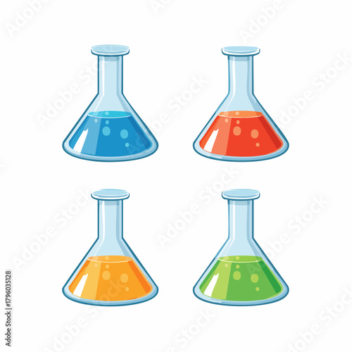 Vibrant cartoon chemical flasks with colorful liquids set for scientific experiments and laboratory research, depicting basic chemistry concepts and solutions