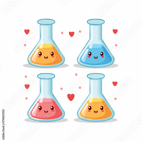 Cute chemistry flasks with happy faces and hearts, representing the joy of science and discovery in a playful cartoon style